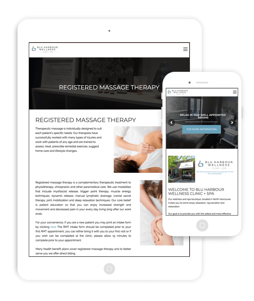 Responsive Squarespace to WordPress website conversion for Blu Harbour Wellness Clinic + Spa
